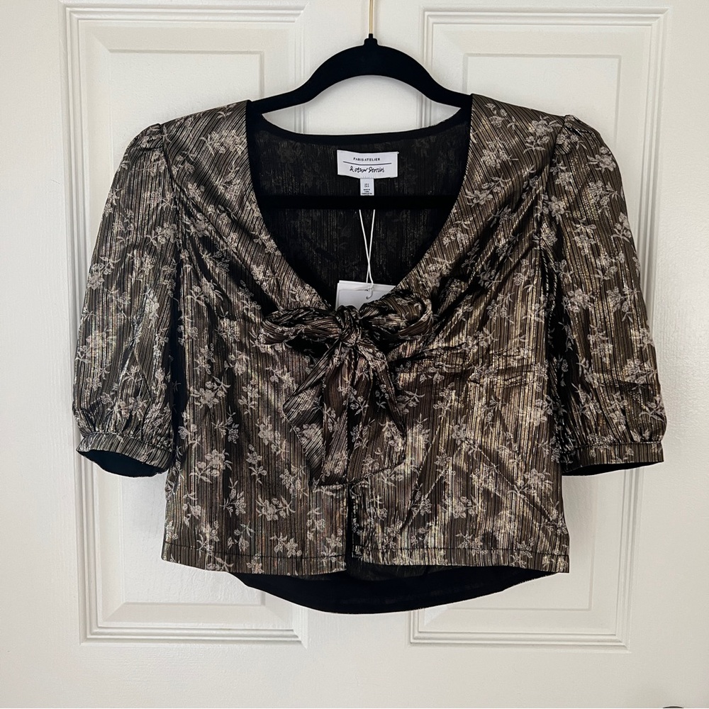 NWT & Other Stories $89 Cropped Metallic Bow Blouse Top Black Florals Size US 0